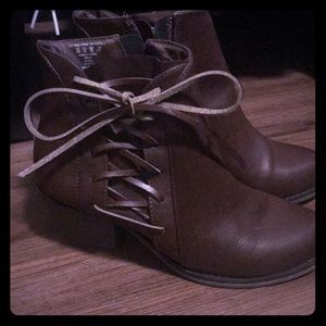 Slightly worn brown booties